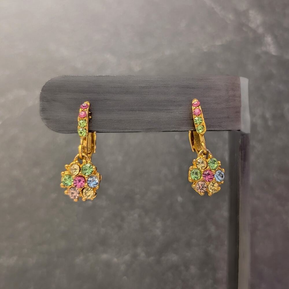 Vintage Clip On Earrings Small Dainty Glam Multi Colored Gems Drop Dangle